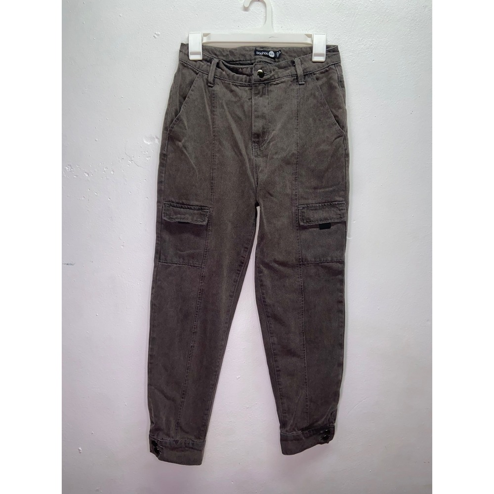 Boohoo Blue Womens Cargo Pants Grey Acid Wash Tapered Leg Utility Jeans Grunge 4